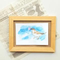 【春のスズメ】手書きイラスト　原画　ポストカード　雀　イラスト　絵