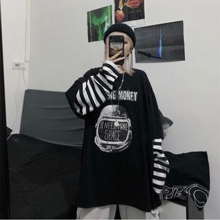 ロンT ブラック 長袖 ストリート ボーダー 防寒 秋 オーバーサイズ